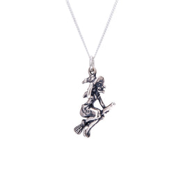 Sterling Silver Witch On Broomstick Necklace