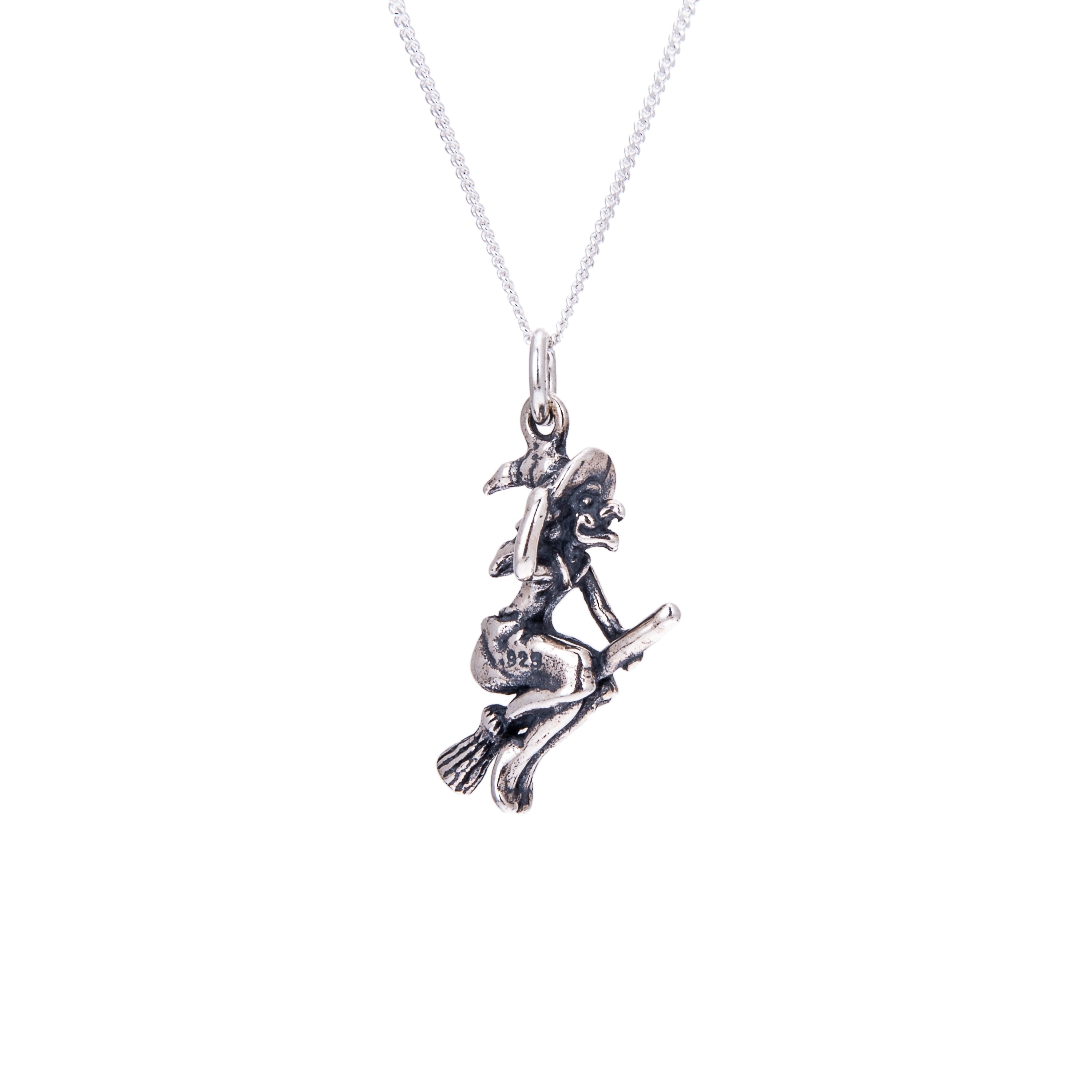 Sterling Silver Witch On Broomstick Necklace
