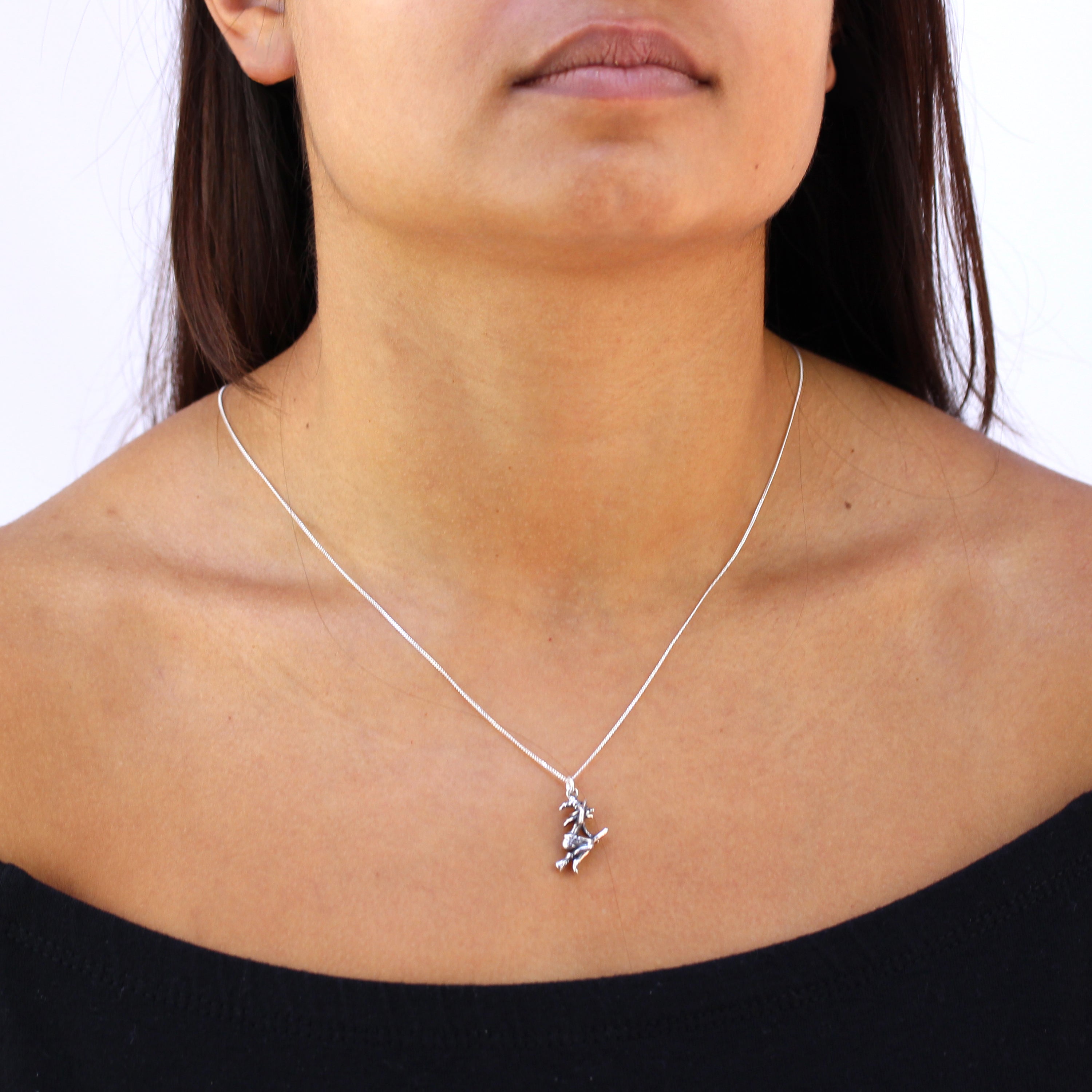 Sterling Silver Witch On Broomstick Necklace