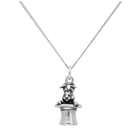 Sterling Silver Magic Rabbit in Hat Pendant on 16+2 Inches Diamond Cut Chain