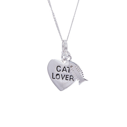 Sterling Silver Cat Lover Heart & Fish Bone Necklace
