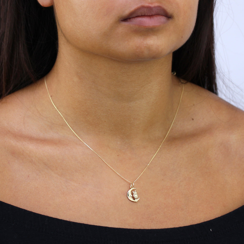 9ct Gold Owl Sitting on Moon Necklace - 18 Inch Chain