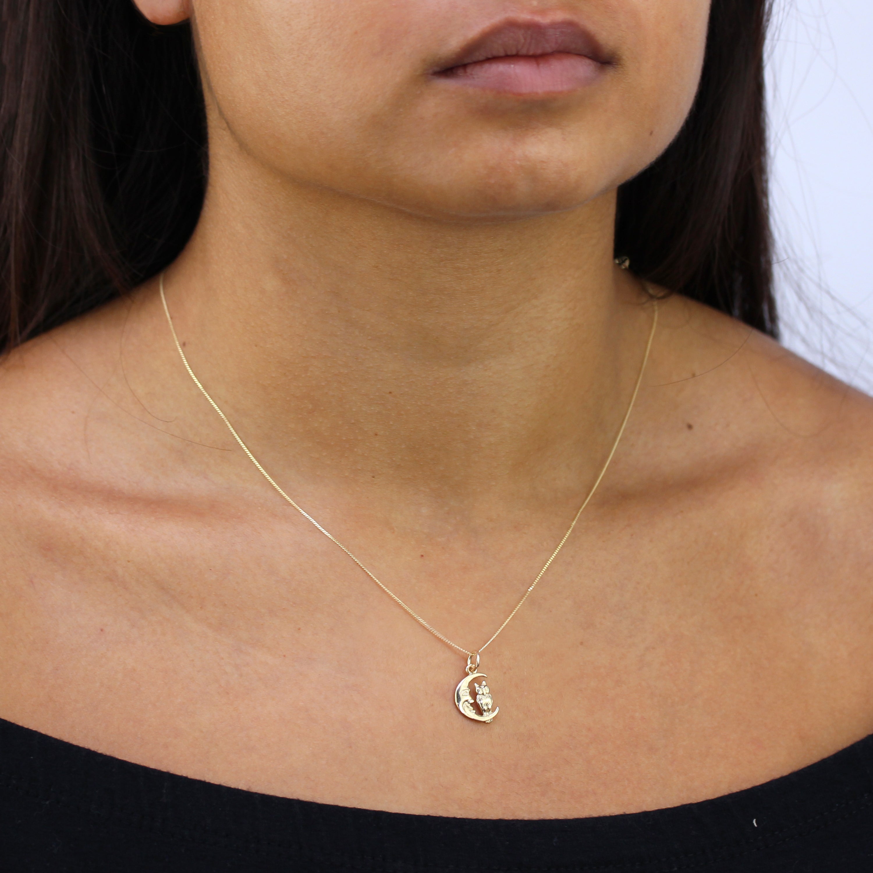 9ct Gold Owl Sitting on Moon Necklace - 18 Inch Chain