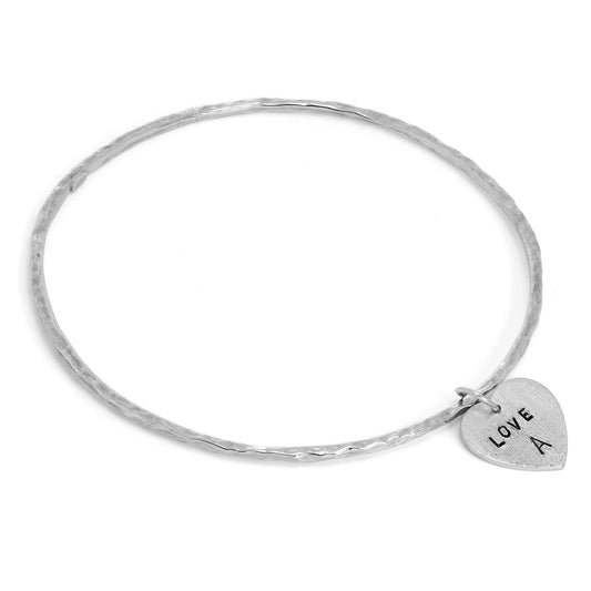 Sterling Silver Hammered Bangle with Textured Heart Charm
