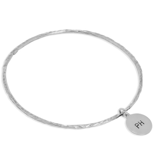 Sterling Silver Hammered Bangle with Hand Stamped Disc Charm