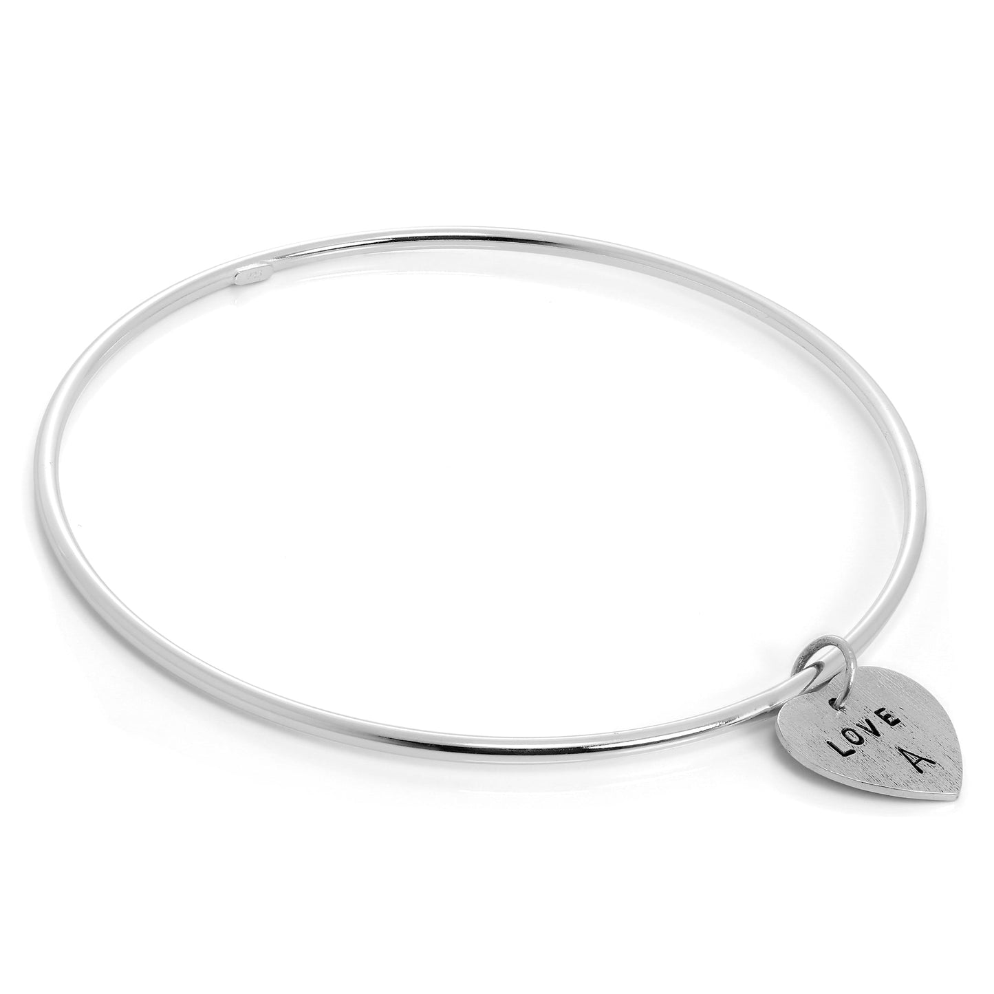 Sterling Silver Polished Bangle with Hand Stamped Textured Heart Charm