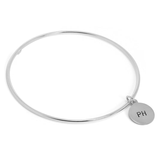 Sterling Silver Polished Bangle with Hand Stamped Disc Charm