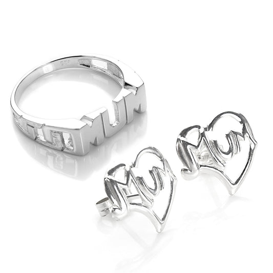 Sterling Silver Mum Ring & Earrings Set