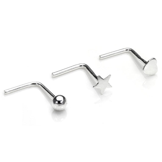 Sterling Silver Star Heart and Ball End Nose Stud Set