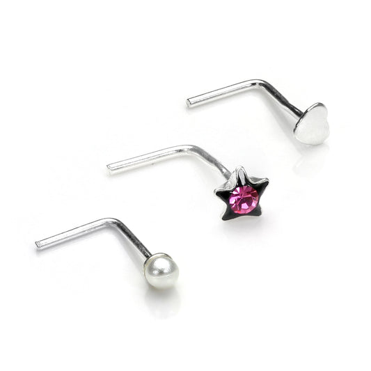 Sterling Silver Love Heart Pearl & Star L Shaped Nose Stud Set