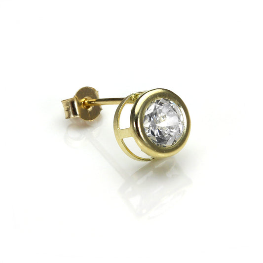 9ct Yellow Gold Clear Crystal 6mm Mens Round Stud Single Earring