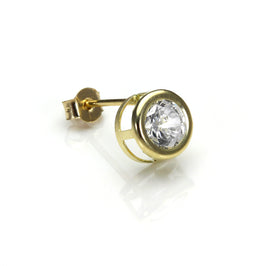 9ct Yellow Gold Clear Crystal 6mm Mens Round Stud Single Earring