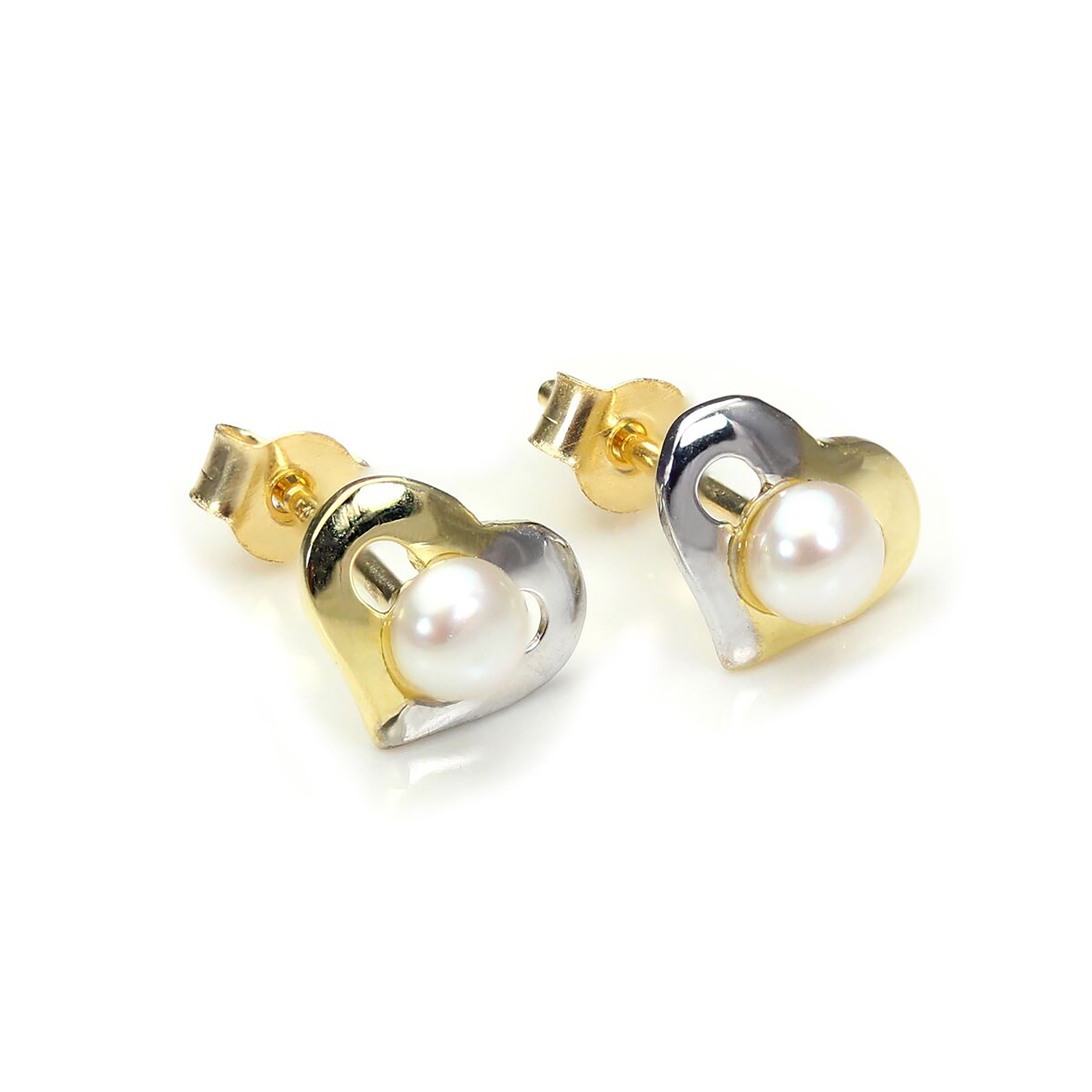 9ct Mixed Gold Pearl Open Heart Stud Earrings