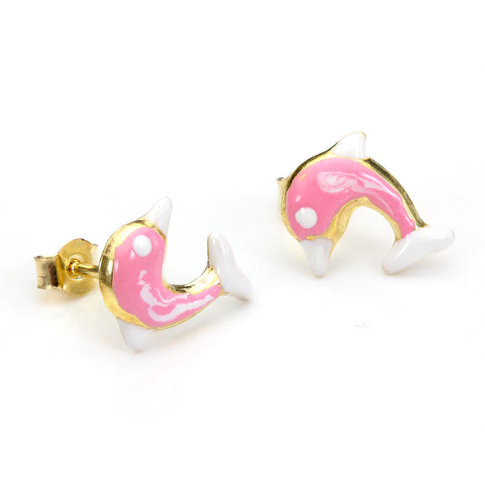 9ct Yellow Gold Pink Enamel Dolphin Stud Earrings