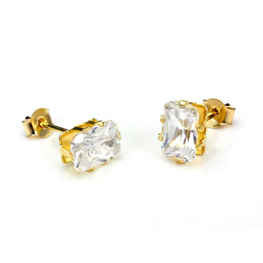 9ct Yellow Gold Clear Crystal Rectangular Stud Earrings