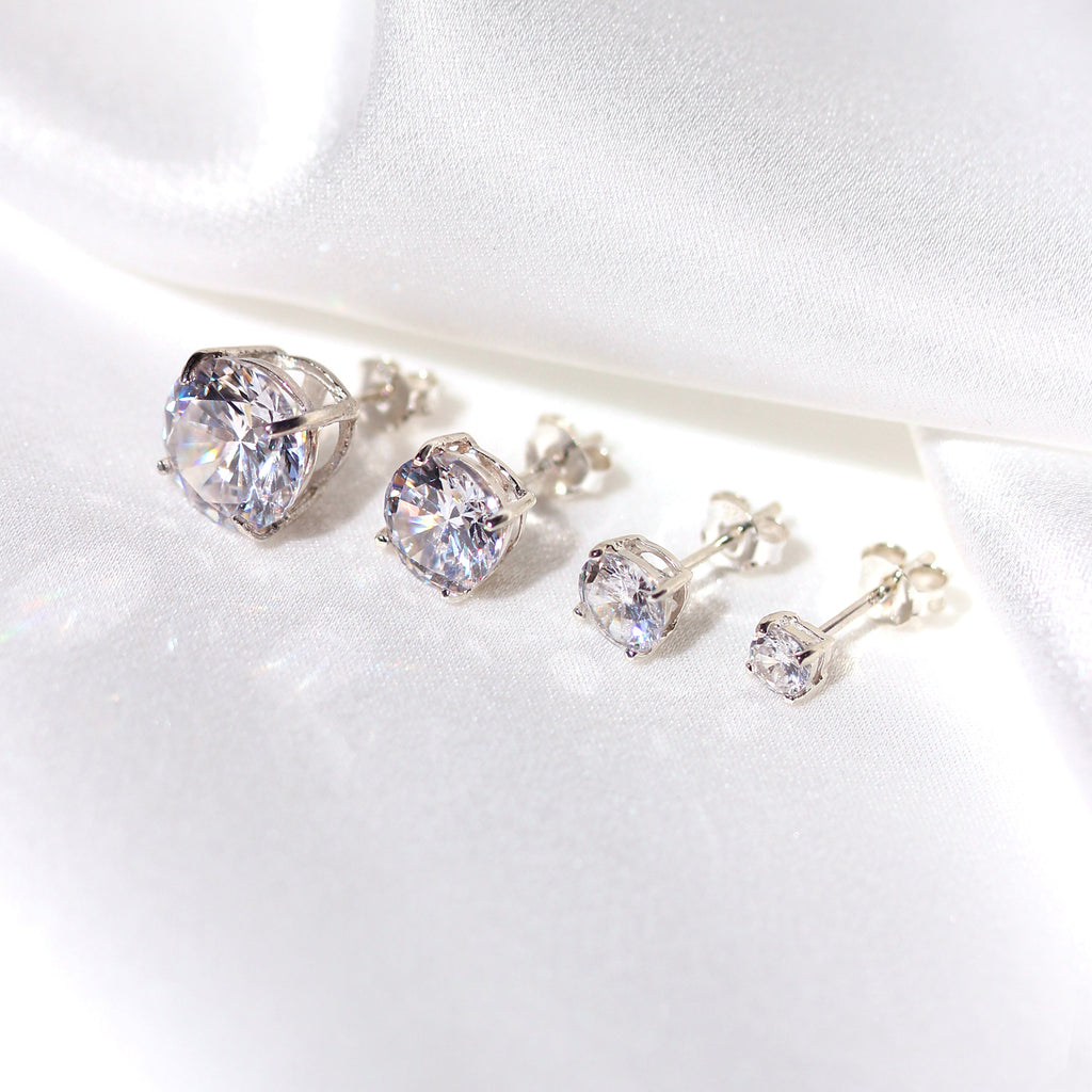Sterling Silver Round CZ Crystal Mens Single Ear Stud - 4 -10mm
