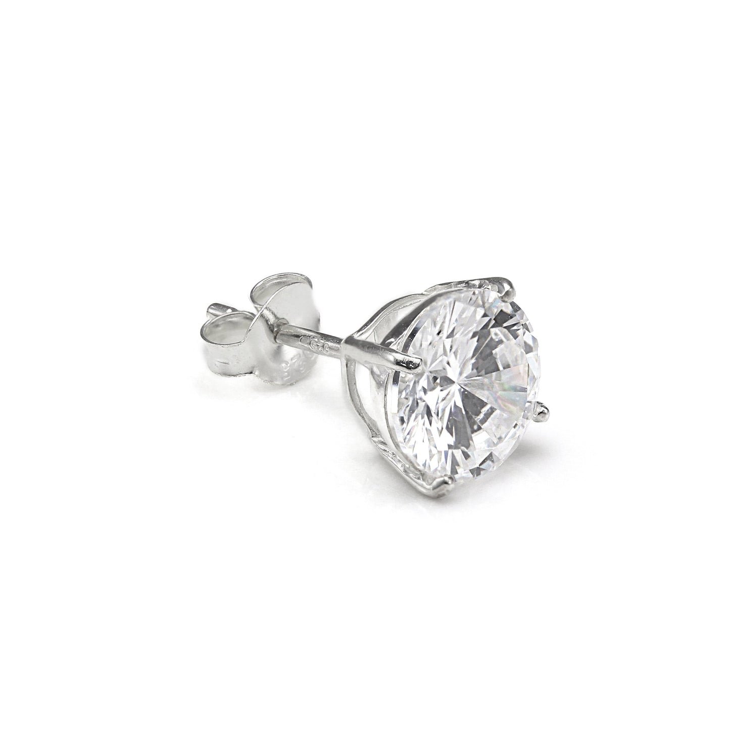 Sterling Silver Round CZ Crystal Mens Single Ear Stud - 4 -10mm