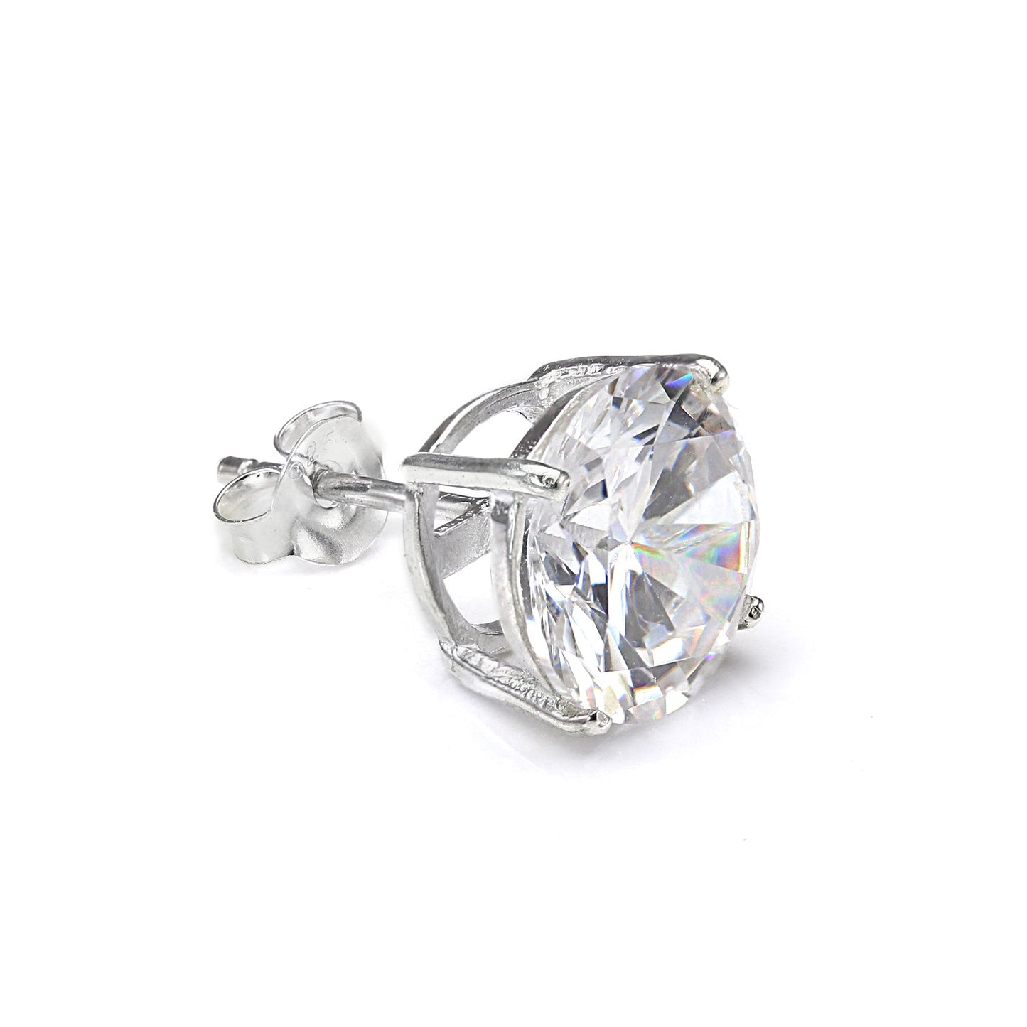 Sterling Silver Round CZ Crystal Mens Single Ear Stud - 4 -10mm