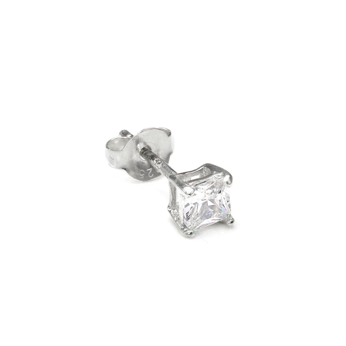 Sterling Silver Square CZ Crystal Mens Single Ear Stud - 4 -10mm