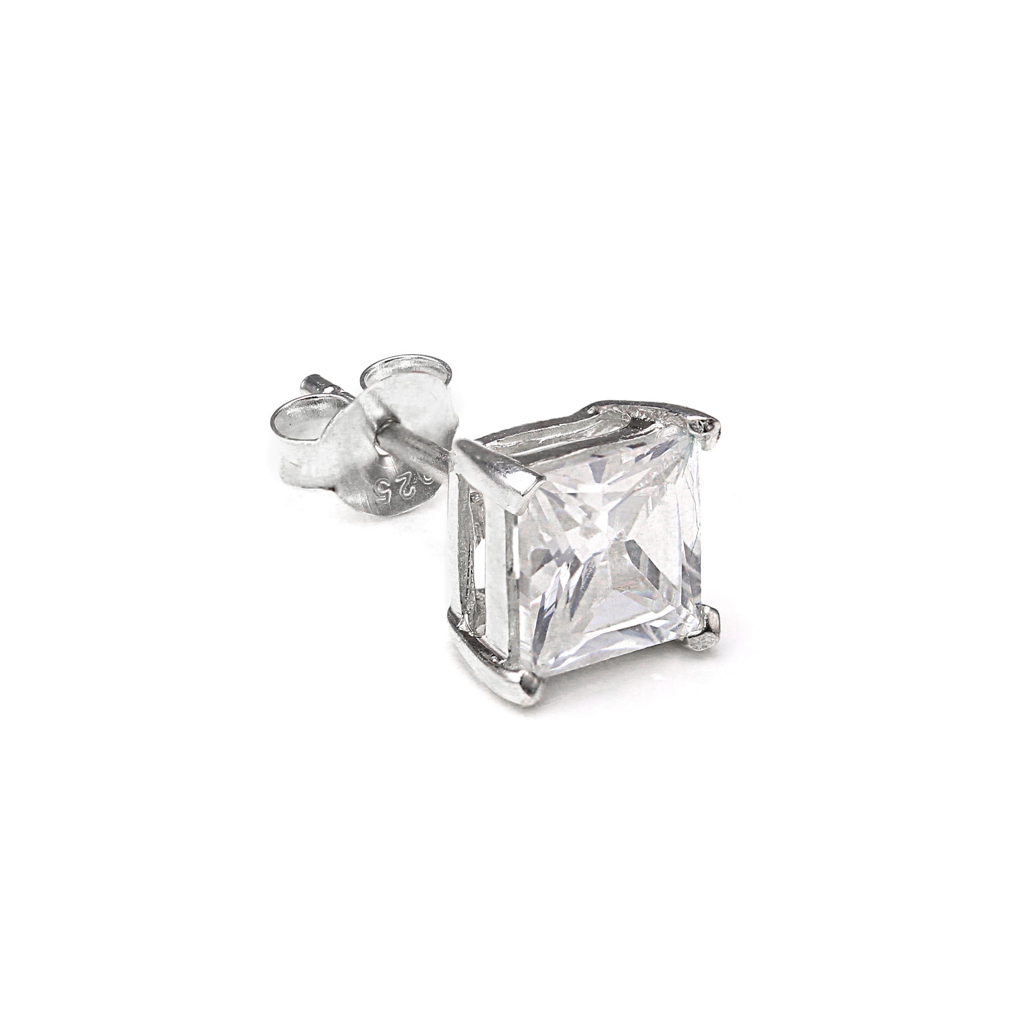 Sterling Silver Square CZ Crystal Mens Single Ear Stud - 4 -10mm