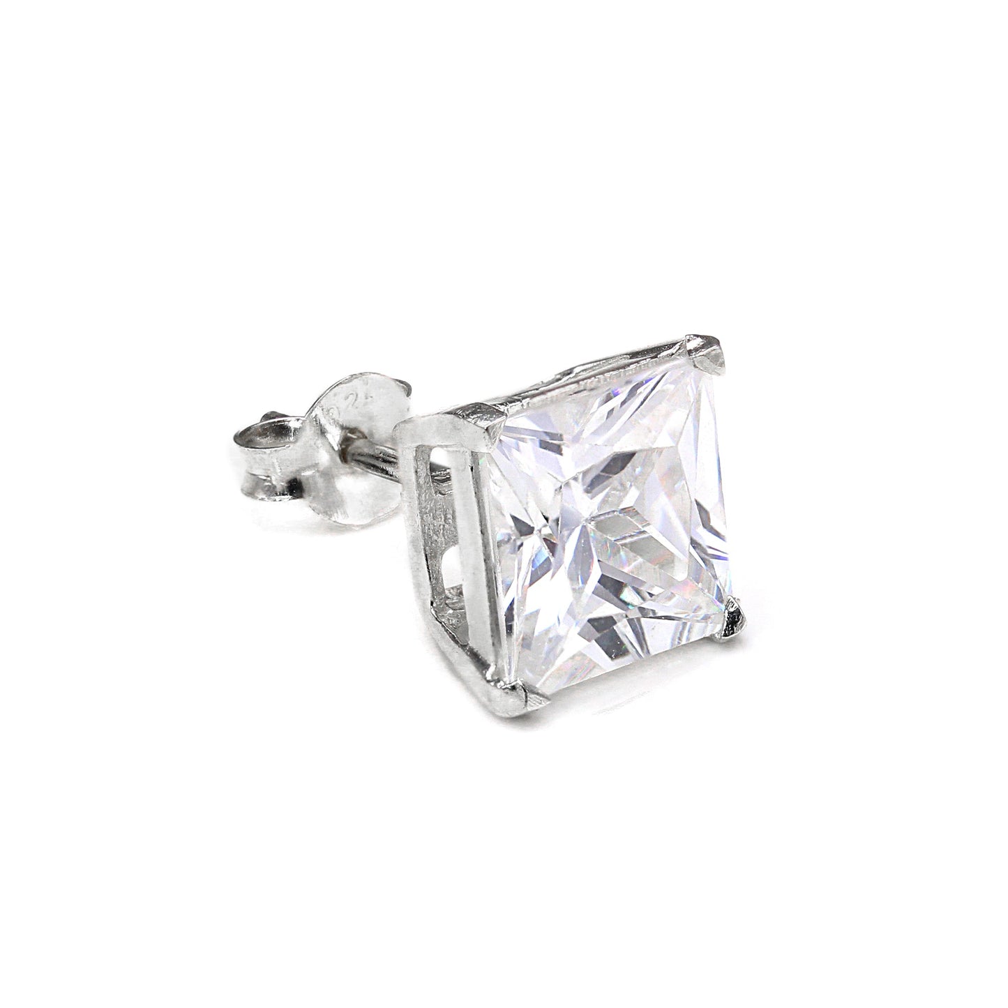 Sterling Silver Square CZ Crystal Mens Single Ear Stud - 4 -10mm