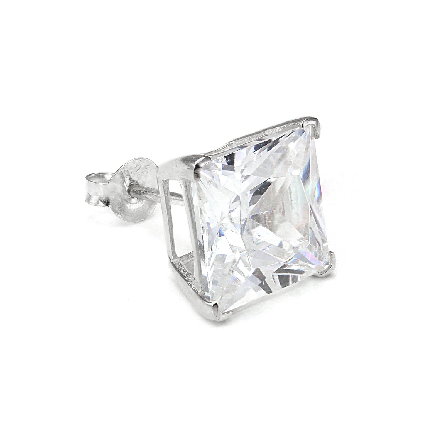 Sterling Silver Square CZ Crystal Mens Single Ear Stud - 4 -10mm