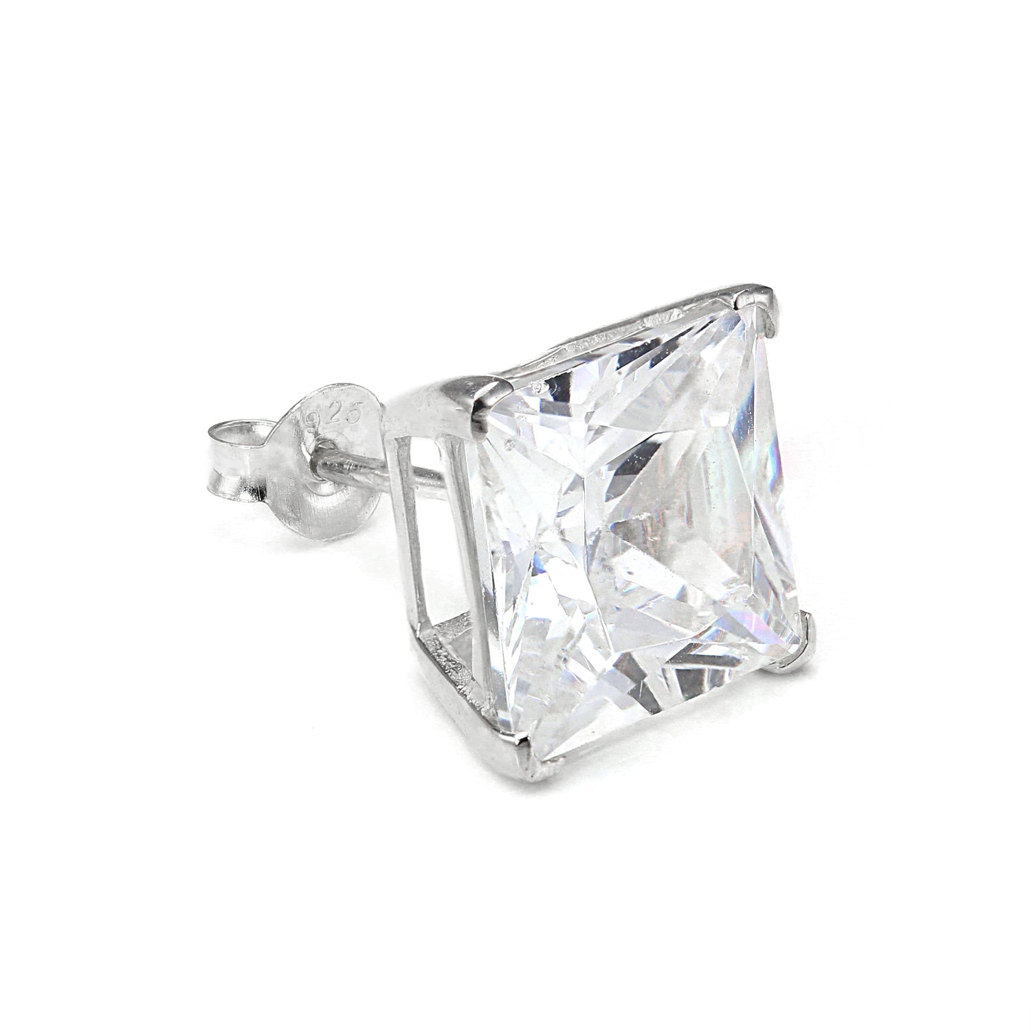 Sterling Silver Square CZ Crystal Mens Single Ear Stud - 4 -10mm