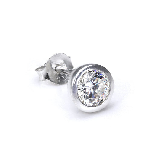 Sterling Silver 7mm Round Clear CZ Crystal Rubover Mens Ear Stud