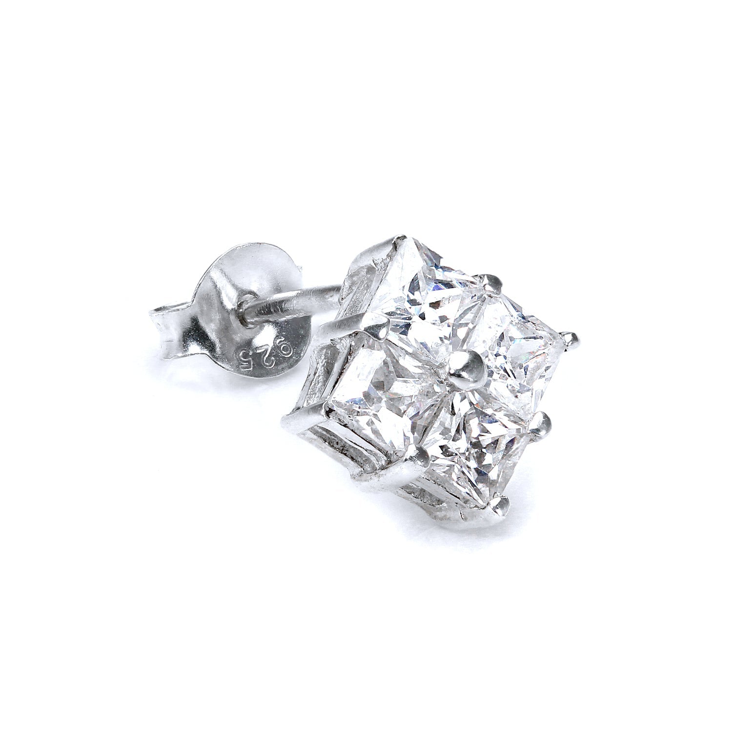 Sterling Silver Quad Clear 6mm CZ Crystal Mens Ear Stud