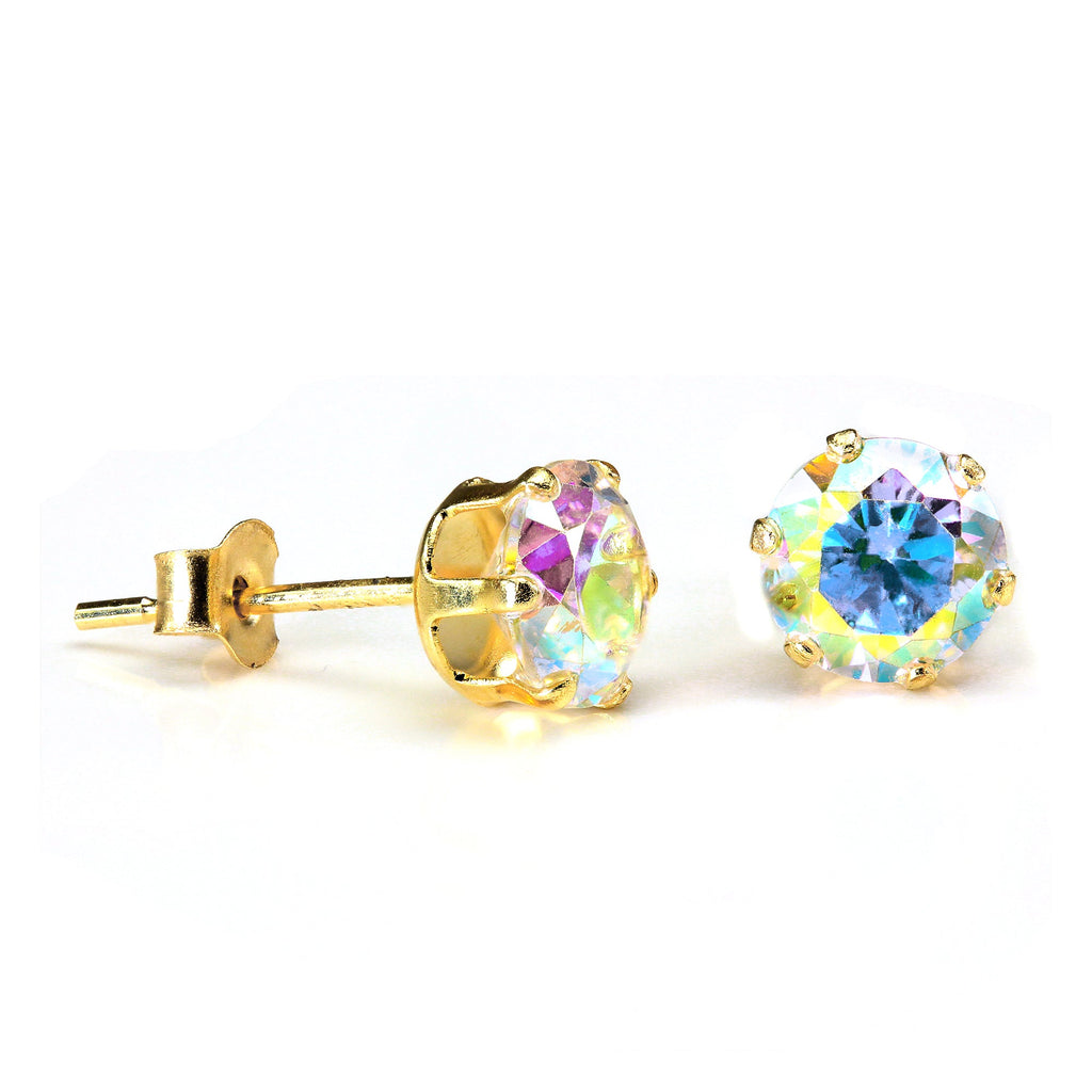 9ct Yellow Gold & Aurora Borealis CZ Crystal Stud Earrings 4mm - 6mm