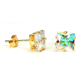 9ct Gold & 6mm Square Aurora Borealis Crystal Stud Earrings