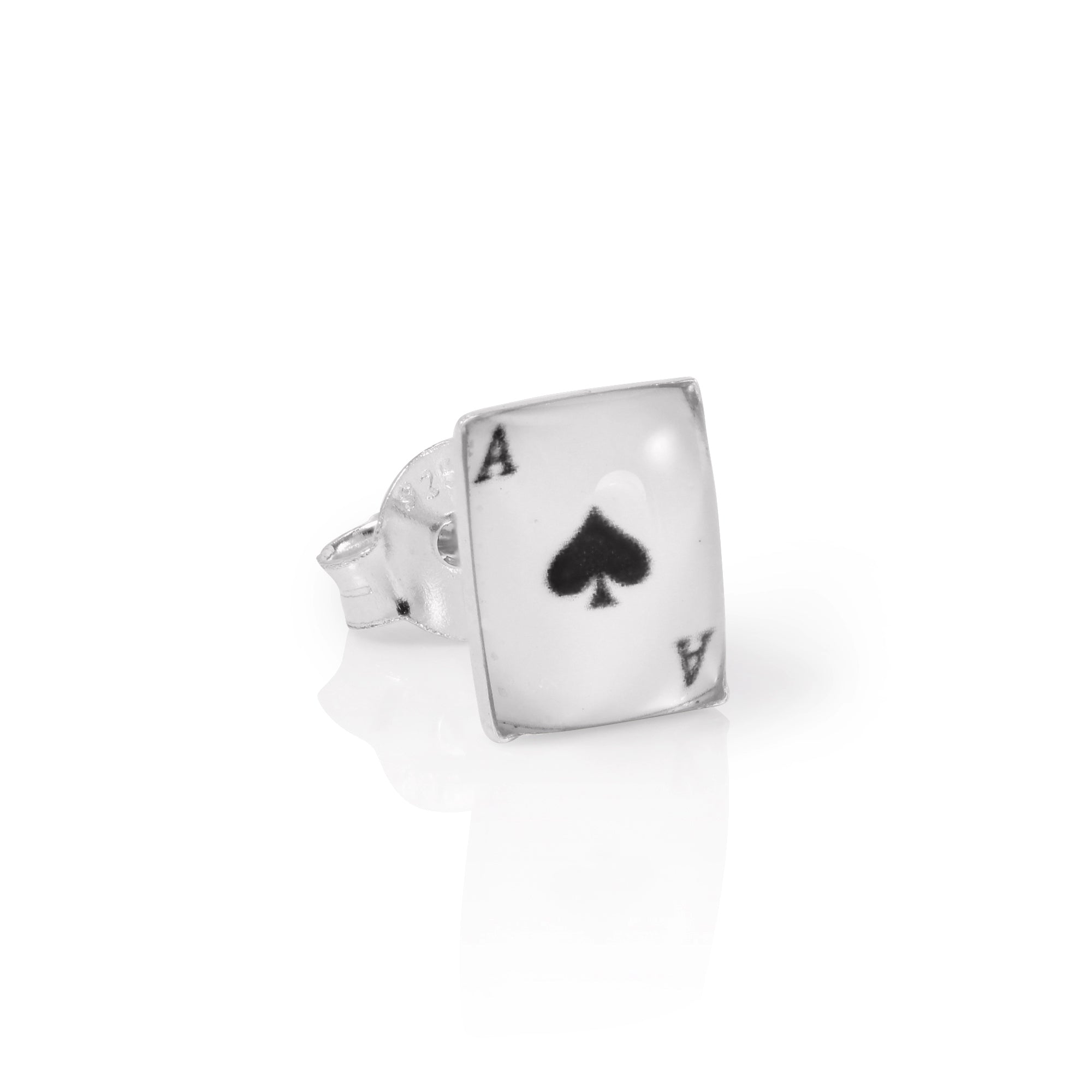 Sterling Silver Domed Ace of Spades Mens Single Ear Stud Earring
