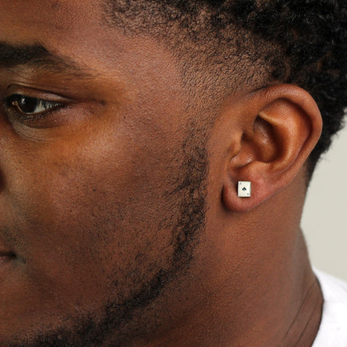Sterling Silver Domed Ace of Spades Mens Single Ear Stud Earring