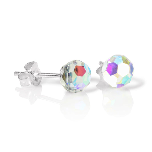 Sterling Silver & Aurora Borealis Faceted 6mm Crystal Ball Stud Earrings
