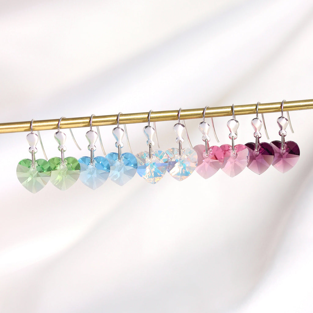 Sterling Silver & CZ Crystal 10mm Heart Earrings - 5 Colours