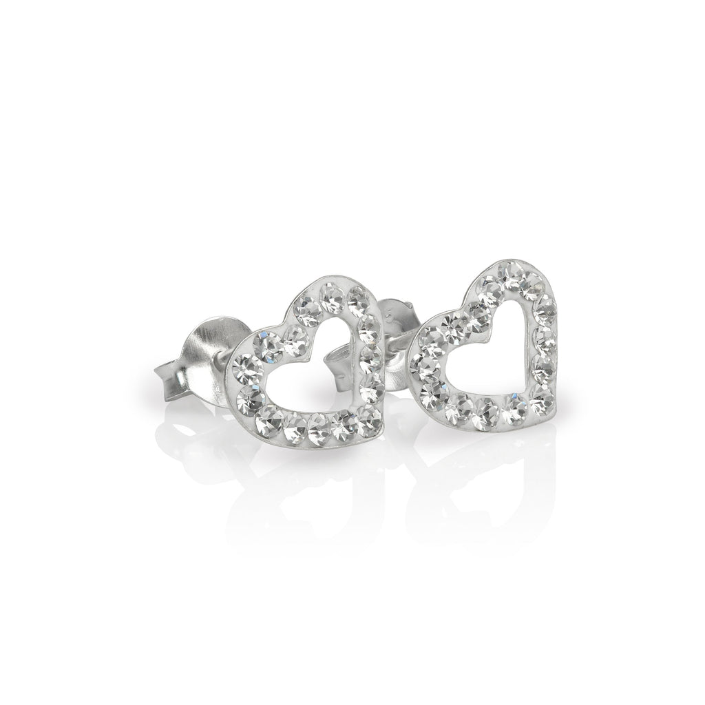Sterling Silver & CZ Crystal Encrusted Open Heart Stud Earrings - 6 Colours