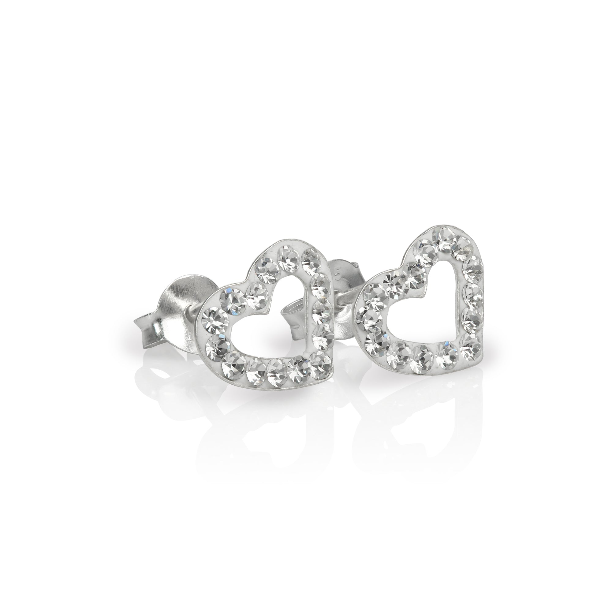 Sterling Silver & CZ Crystal Encrusted Open Heart Stud Earrings - 6 Colours
