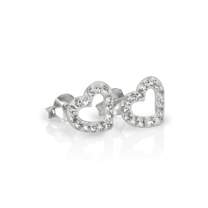 Sterling Silver & CZ Crystal Encrusted Open Heart Stud Earrings - 6 Colours