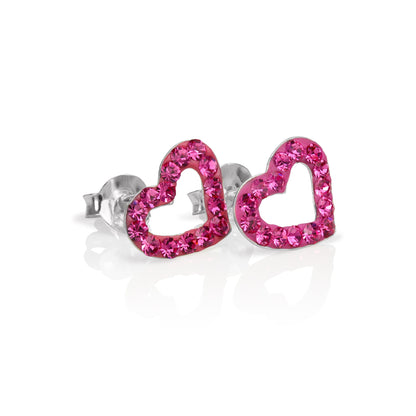 Sterling Silver & CZ Crystal Encrusted Open Heart Stud Earrings - 6 Colours