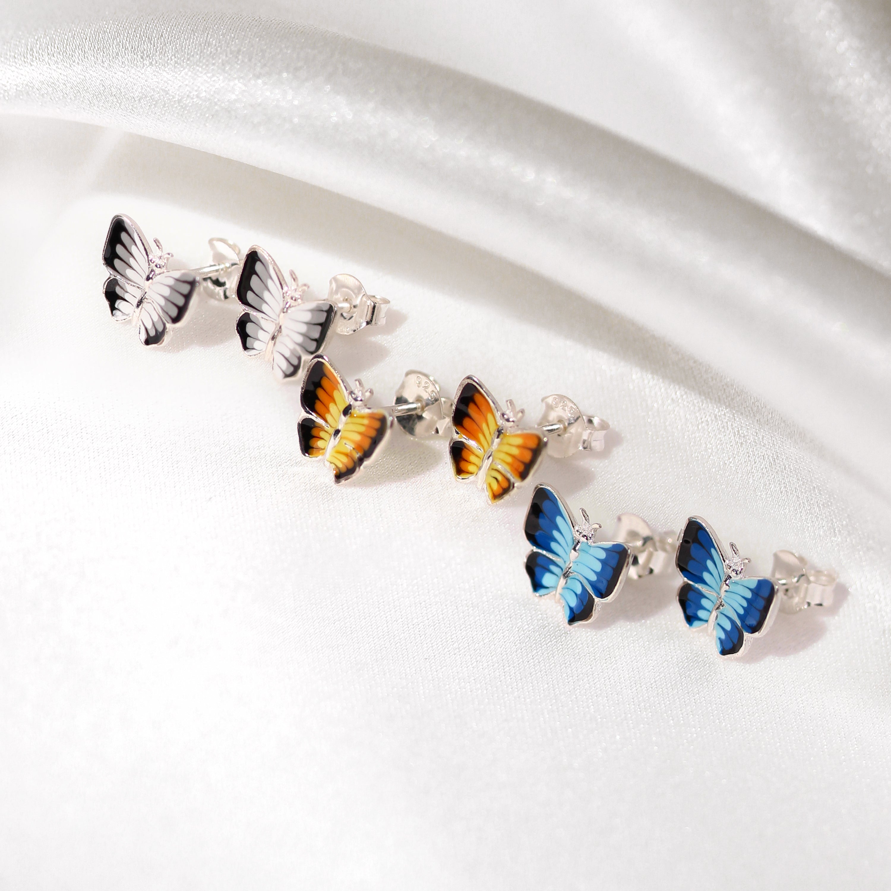 Sterling Silver & Enamel Flat Butterfly Stud Earrings