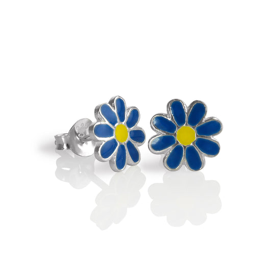 Sterling Silver & Enamel Flat Flower Stud Earrings - Blue