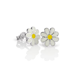 Sterling Silver & Enamel Flat Flower Stud Earrings - White