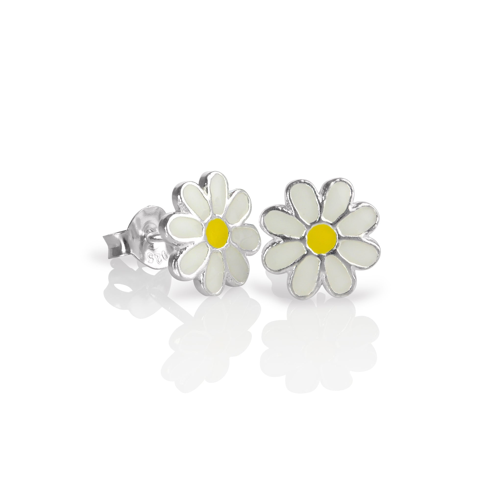 Sterling Silver & Enamel Flat Flower Stud Earrings - White