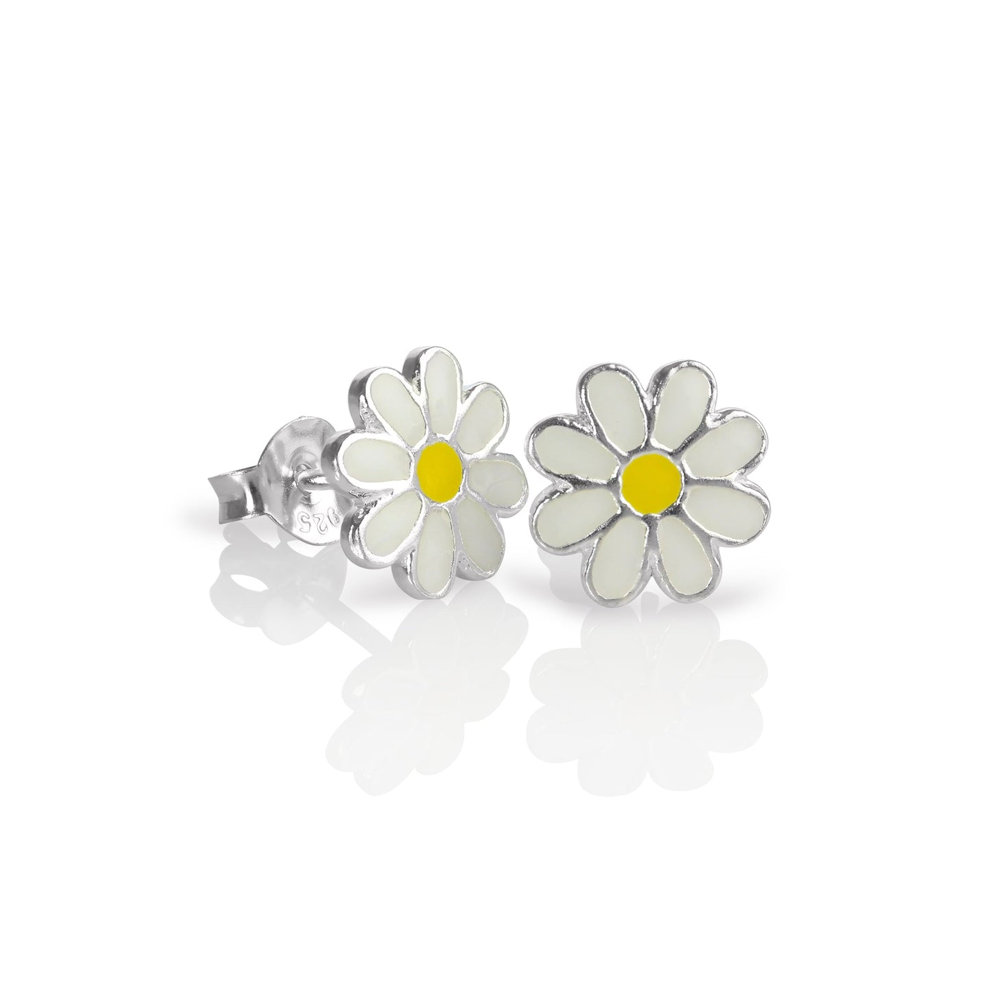Sterling Silver & Enamel Flat Flower Stud Earrings - White