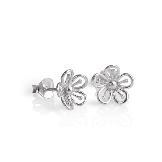 Sterling Silver 3D Open Flower Stud Earrings