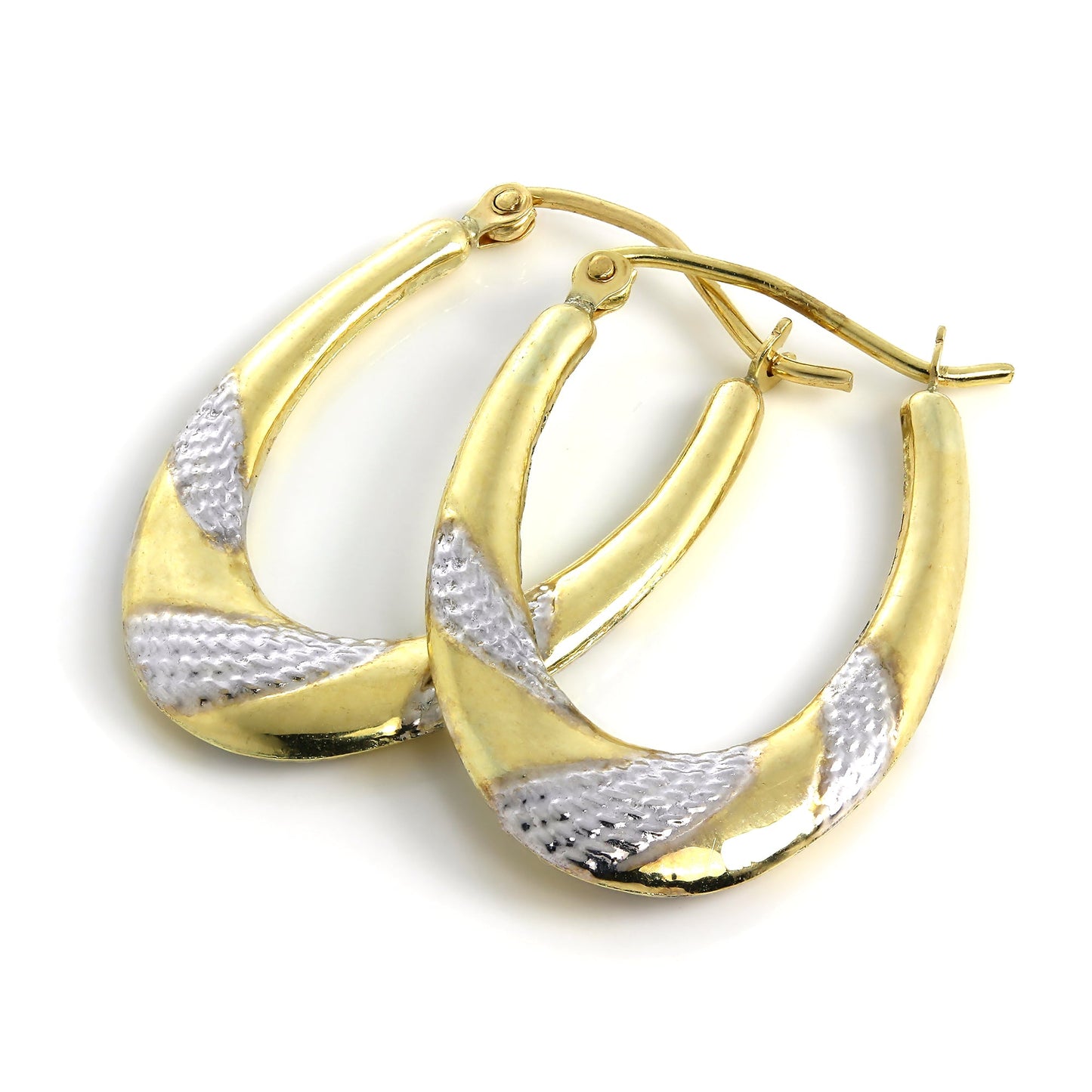 Oval 9ct White & Yellow Gold Twist Pattern Creole Hoop Earrings