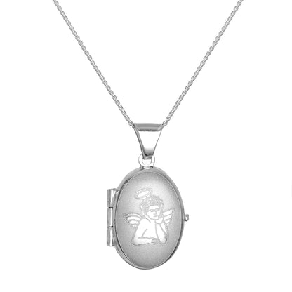 Kleines ovales Medaillon aus mattem Sterling Silber mit Engel an einer Kette