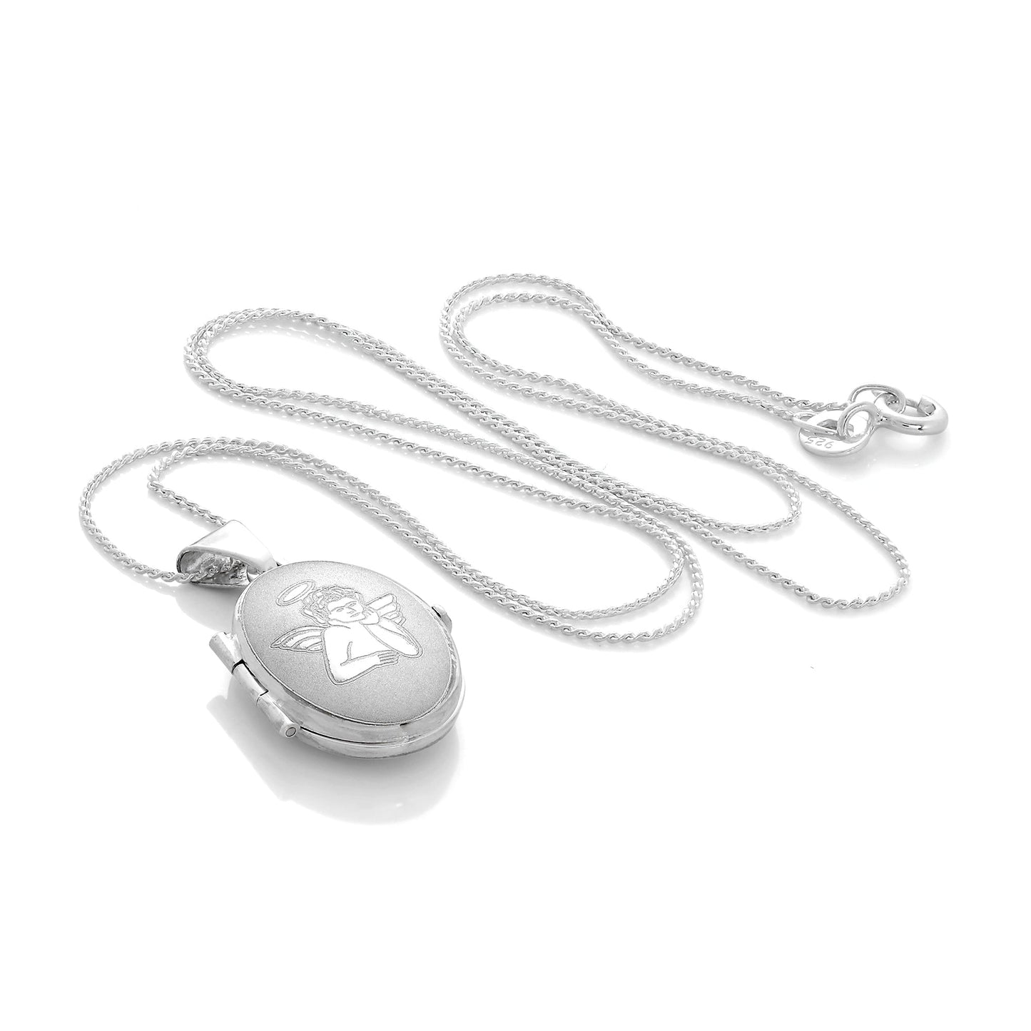 Small Matt Sterling Silver Oval Locket with Angel on Chain
