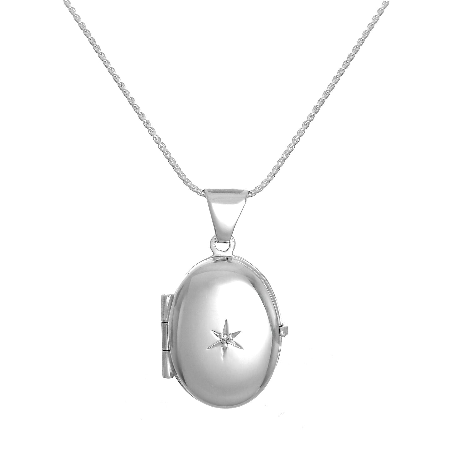 Kleines ovales Sterling Silber Medaillon mit Diamant an Kette