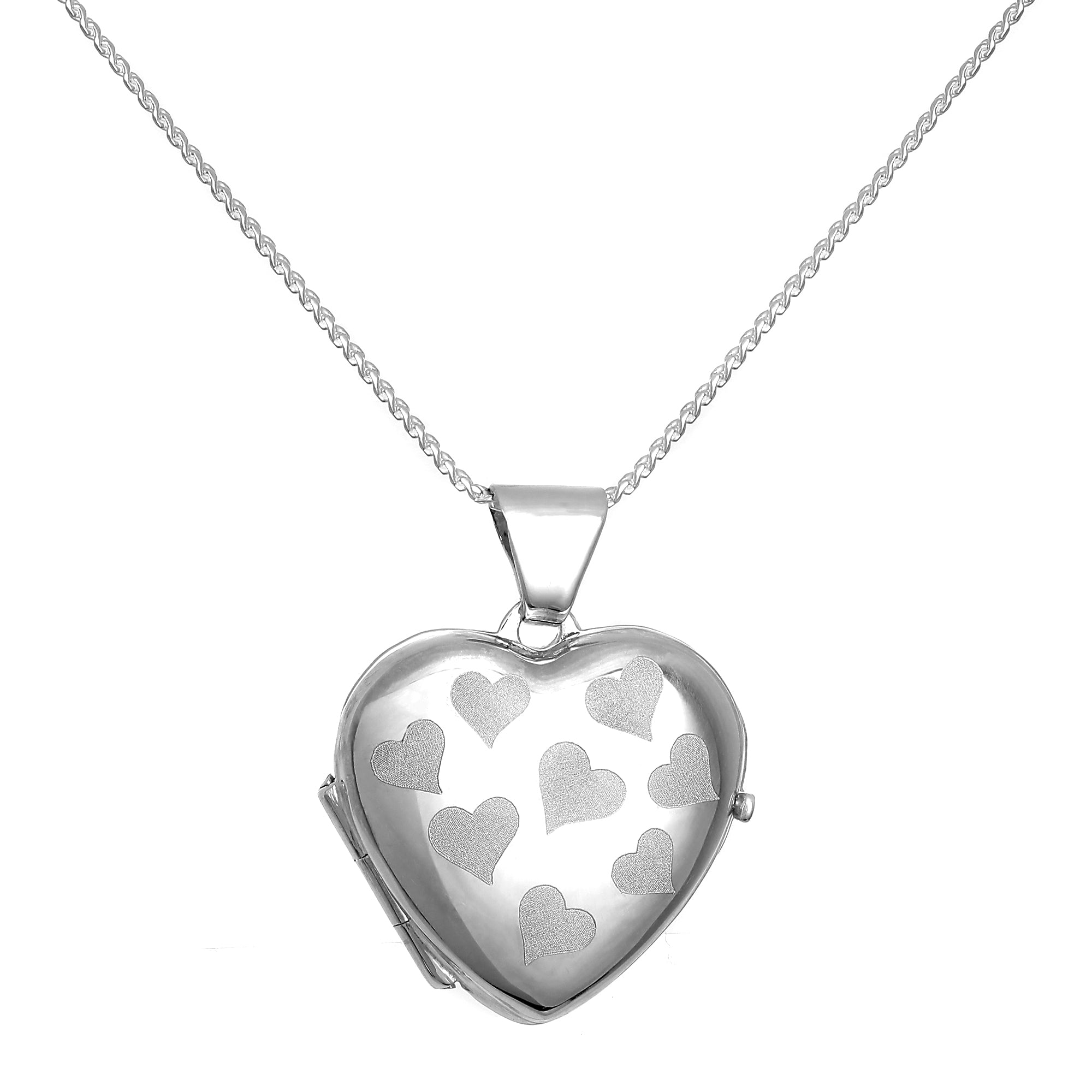 Sterling Silver Heart Locket with Matt Hearts on Chain